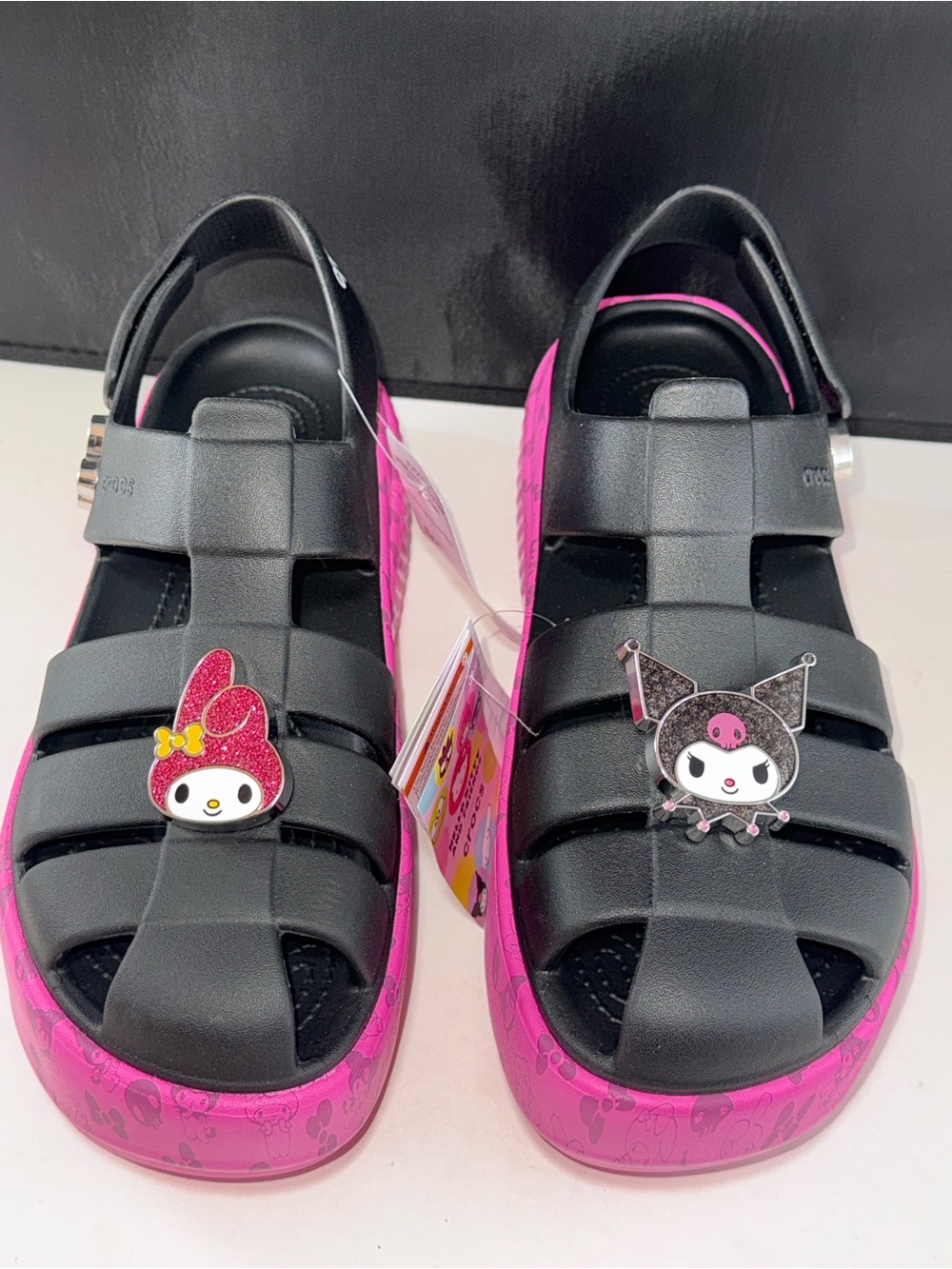 Size 9 CROCS Black Sandals with Pink Soles and Character Charms